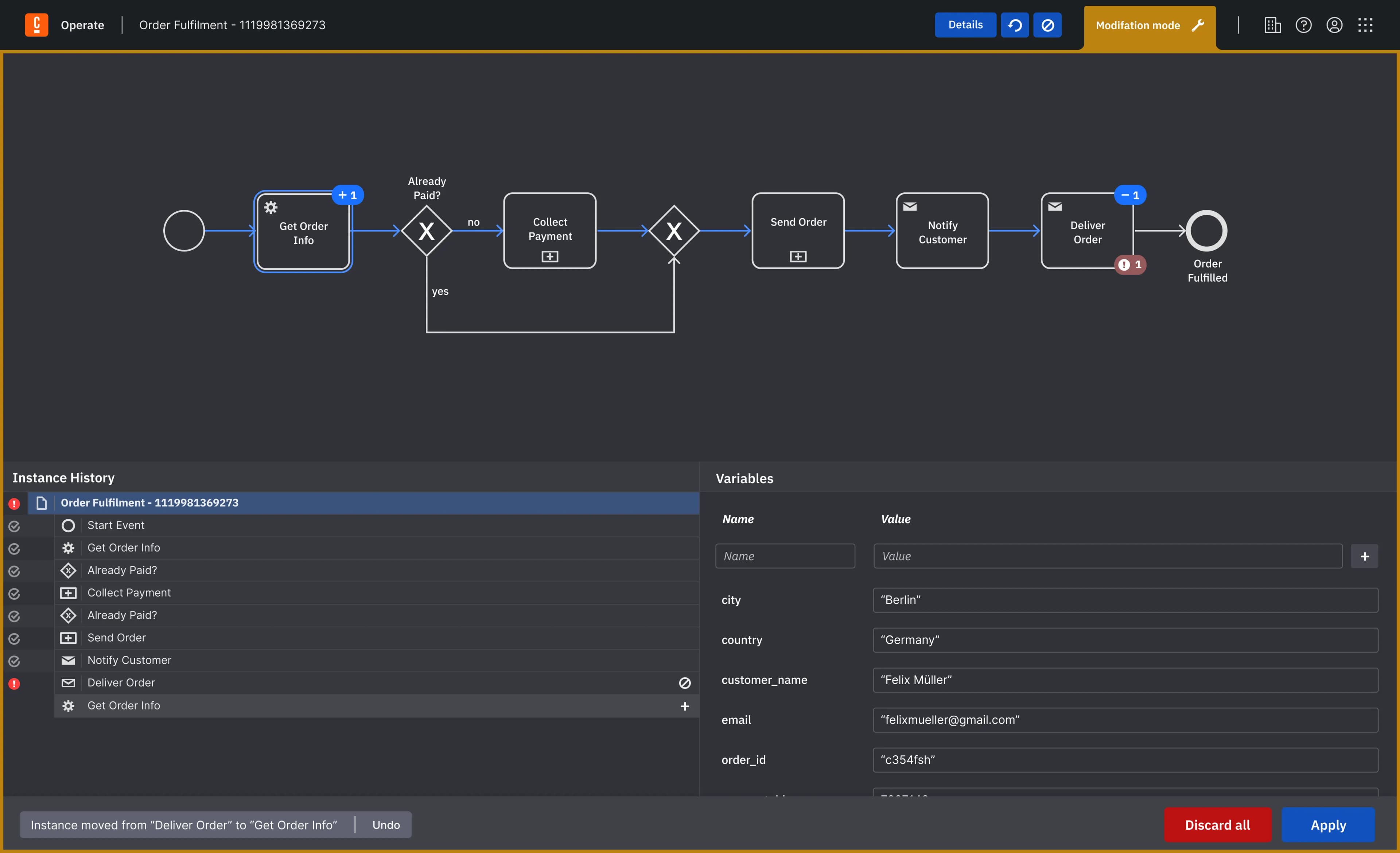 Screenshot of project Empowering BPMN user to solve complex process incidents